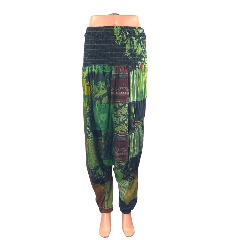 Advance Women's Green Patchwork Floral Smocked Boho Hippie Harem Pants Size OS